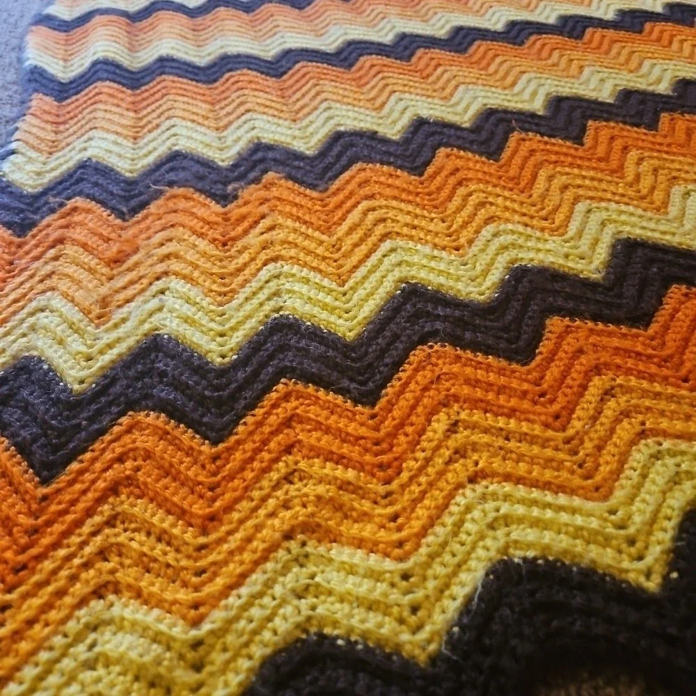 Vintage Handmade‎ Chevron Crochet Blanket Orange Yellow Brown 75
